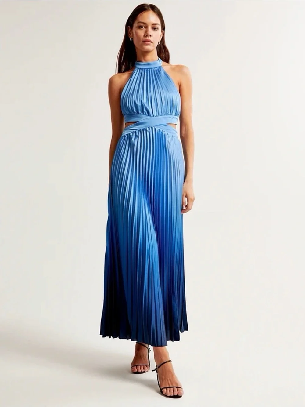 NWT Abercrombie & Fitch Giselle Halter Blue Ombré Pleated Cutout Maxi Dress Sz M